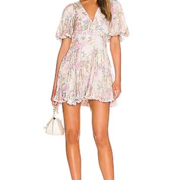 Hemant And Nandita Metallic Floral Puff-Sleeve Minidress in White - Picture 2 of 5